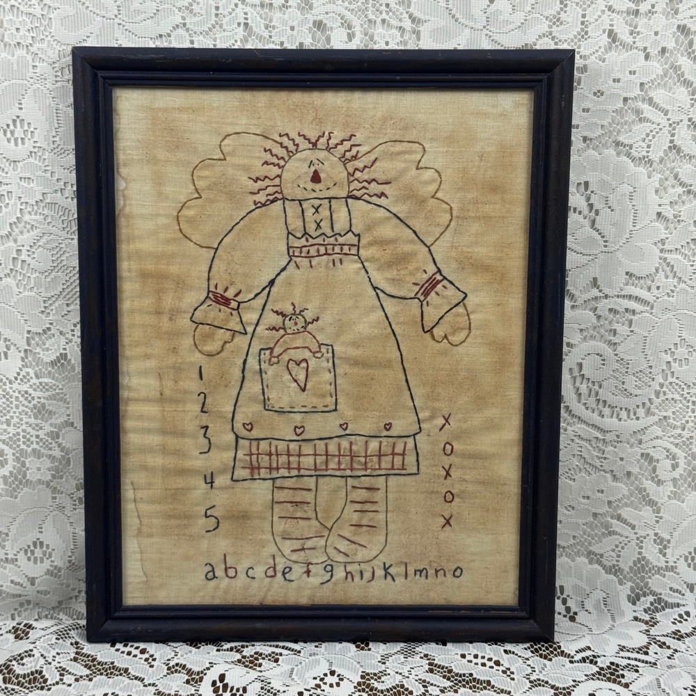 Primitive Folk Art Hand Stitched Angel Doll Sampler Framed Americana Decor